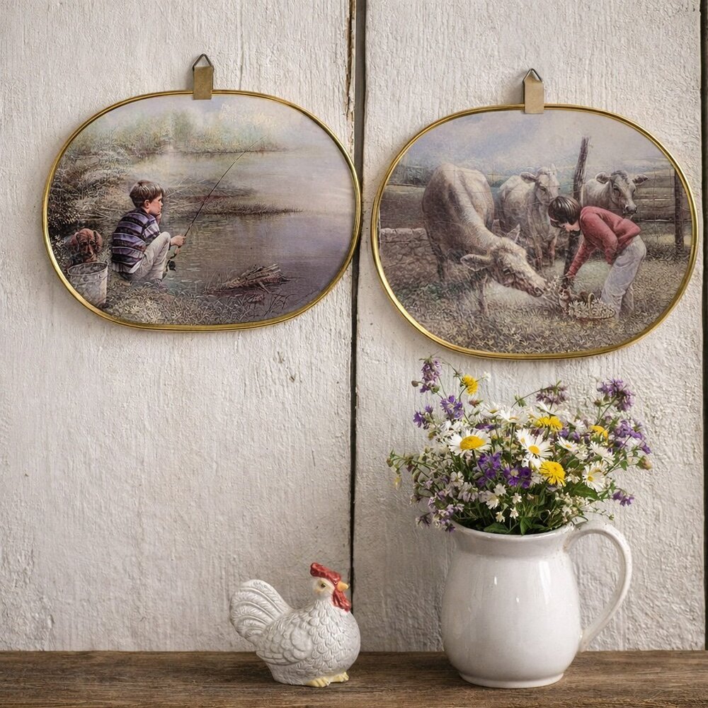 Vintage Ecstasy Giftware Wall Plaques Set Boy Fishing Cow Farm Canada Decor